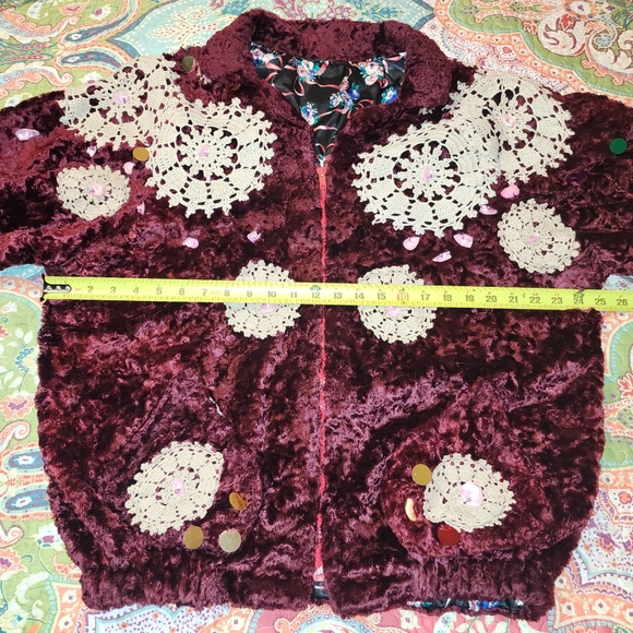 Unique Funky Crushed Velvet Dollie Decorated Zip-Up Bomber Style Jacket - Picture 9 of 13